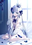  1girl bangs bare_arms bare_shoulders barefoot blue_bow blue_bowtie blue_eyes blue_nails bow bowtie breasts crown eyepatch flat_chest grey_hair hair_ornament kazunehaka long_hair looking_at_viewer open_mouth original shirt solo very_long_hair 