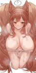  1girl ? absurdres angelina_(arknights) animal_ear_fluff animal_ears arknights bottomless breasts brown_hair chunta closed_mouth commentary covered_nipples feet_out_of_frame fox_ears from_above frown furrowed_brow hairband highres large_breasts long_hair looking_at_viewer nipples own_hands_together red_eyes red_hairband see-through sidelocks simple_background solo spoken_question_mark steaming_body suggestive_fluid translated very_long_hair wet white_background 