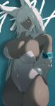  1girl animal_ears arms_behind_back blue_background blue_trim bodysuit breasts cleavage closed_mouth collarbone covered_navel detached_collar elbow_gloves gloves highres hime_cut large_breasts long_hair original playboy_bunny rabbit_ears rabbit_tail shaded_face shiny shiny_clothes shiny_skin solo tail thick_thighs thighs ub1mo upper_body very_long_hair white_gloves white_hair yellow_eyes 