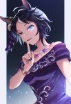  1girl absurdres animal_ears bangle bare_shoulders black_hair blue_eyes bracelet breasts dress finger_to_mouth fuji_kiseki_(succes_etoile)_(umamusume) fuji_kiseki_(umamusume) glint glowing glowing_eye hand_up highres horse_ears jewelry lips looking_at_viewer multicolored_hair multicolored_nails nayuta_ggg necklace open_mouth purple_dress short_hair shushing small_breasts solo streaked_hair umamusume upper_body 