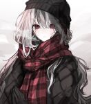  1girl bangs beanie black_coat black_gloves black_headwear blush closed_mouth coat fog gayuyuma gloves hair_between_eyes hat highres long_hair looking_at_viewer original own_hands_together palms_together plaid plaid_scarf red_eyes scarf sidelighting simple_background solo upper_body white_background white_hair 