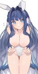  1girl absurdres alternate_costume animal_ears arknights astesia_(arknights) blue_eyes blue_hair blush breasts breasts_out chunta cleavage commentary commission cowboy_shot diamond-shaped_pupils diamond_(shape) fake_animal_ears groin hair_intakes hand_under_clothes highleg highleg_leotard highres inverted_nipples large_breasts leaning_forward leotard leotard_tug long_hair looking_at_viewer nipples parted_lips playboy_bunny rabbit_ears sidelocks simple_background skeb_commission solo standing strapless strapless_leotard sweatdrop symbol-shaped_pupils thigh_gap thighs very_long_hair white_background white_leotard 