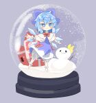  1girl bloomers blue_eyes blue_hair blush cirno closed_mouth fairy fairy_wings glass hair_ribbon highres ribbon short_hair smile snow snow_globe snowman solo touhou underwear user_tppj4775 wings 
