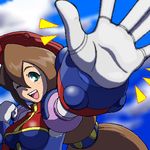  breasts brown_hair capcom green_eyes iris long_hair lowres rockman rockman_x rockman_x4 