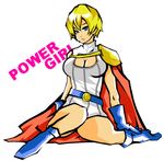  1girl belt blonde_hair blue_eyes blue_gloves blue_shoes boots breasts cape character_name cleavage cleavage_cutout cutout dc_comics female gloves kryptonian leotard power_girl red_cape shoes short_hair sitting solo systemluv775 