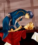  2boys black_hair blonde_hair boy_rape domination edward_elric forced fullmetal_alchemist grimace grin lying male male_focus military military_uniform multiple_boys on_back on_table rape roy_mustang shirt_lift smile table undressing uniform yaoi yellow_eyes you_gonna_get_raped 