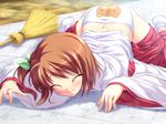  animal_print bear_panties bear_print blush broom brown_hair closed_eyes dimples_of_venus game_cg hair_ribbon highres inakoi japanese_clothes midou_chihiro miko panties print_panties ribbon short_hair side_ponytail solo tabi tenmaso top-down_bottom-up underwear wallpaper white_panties 