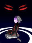  barefoot bindi body_writing bodysuit cartoon_network dc_comics feet female full_body fuyugata grey_skin looking_up purple_eyes purple_hair raven_(dc) runes short_hair sitting solo tattoo teen_titans 