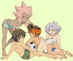  4boys ass back bare_back boxers brown_hair child endou_mamoru fubuki_atsuya fubuki_shirou handa_shin'ichi handa_shinichi headband inazuma_eleven inazuma_eleven_(series) male male_focus multiple_boys pink_hair shirtless shota tsunami_jousuke underwear white_hair 