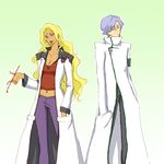  1boy 1girl asaeto blonde_hair blue_eyes code_geass dark-skinned_female dark_skin dark_skinned_female female glasses green_eyes labcoat lakshata_chawla lipstick lloyd_asplund long_hair makeup male pants pipe purple_hair rakshata_chawla short_hair 