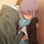  a1 blush breast_grab breasts brown_hair cardigan couple embarrassed glasses grabbing hand_under_clothes hand_under_shirt kyon nagato_yuki nagato_yuki_(shoushitsu) purple_hair shirt short_hair suzumiya_haruhi_no_shoushitsu suzumiya_haruhi_no_yuuutsu 