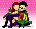  1boy 1girl alien black_hair boots cape cartoon_network couple dc_comics dick_grayson domino_mask eyes_closed female gloves long_hair male mask midriff miniskirt nobumichi purple_shoes red_hair robin_(dc) short_hair sitting skirt sleeping source star_(symbol) starfire tank_top tanktop teen_titans thighhighs zzz 