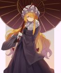  alternate_costume black_skirt blonde_hair border breasts commentary_request eyebrows_visible_through_hair feet_out_of_frame fur_trim gloves grey_background grey_robe hair_over_one_eye hat hat_ribbon head_tilt highres holding holding_umbrella large_breasts long_hair long_skirt long_sleeves looking_at_viewer mob_cap oriental_umbrella outside_border pleated_skirt purple_border red_ribbon ribbon rin_falcon robe simple_background single_sidelock skirt smile solo standing touhou umbrella very_long_hair white_gloves white_hat wide_sleeves yakumo_yukari yellow_eyes 