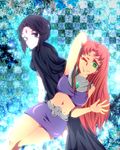  2girls arms_up belt cape cartoon_network dc_comics female green_eyes long_hair looking_back midriff miniskirt multiple_girls murasaki_(pixiv676042) pale_skin purple_eyes purple_hair raven_(dc) red_hair short_hair skirt starfire tank_top tanktop teen_titans wink 