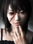  black_eye black_hair blood bruise female gradient gradient_background injury realistic solo staples yoshitaka_kawakami 