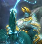  anthro anthrofied balls big_penis capcom claws cum cum_on_chest ejaculation electricity fanged_wyvern fur glowing glowing_eyes hunter male monster monster_hunter muzzle_(disambiguation) penis scales scalie solo todex vein veiny_penis video_games zinogre 