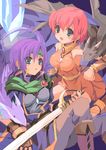  2girls bare_shoulders boots dragon earrings faris_scherwiz female final_fantasy final_fantasy_v fingerless_gloves gloves green_eyes headband jewelry lenna_charlotte_tycoon long_hair multiple_girls pink_hair purple_hair rudolph_(artist) rudorufu short_hair siblings sisters sword weapon wristband 