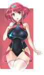  1girl absurdres bangs bare_shoulders blush breasts cawang competition_swimsuit earrings gem hair_ornament headpiece highres homura_(xenoblade_2) jewelry large_breasts looking_at_viewer nintendo one-piece_swimsuit pose red_background red_eyes red_hair short_hair shy simple_background solo sweat sweatdrop swept_bangs swimsuit tiara white_background xenoblade_(series) xenoblade_2 
