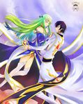  1boy 1girl bare_shoulders black_hair c.c. cc choker code_geass couple dress female green_hair hair_ornament highres lelouch_lamperouge long_hair male military military_uniform purple_eyes short_hair thighhighs tobeko_(tobetobe) tobetobe uniform yellow_eyes 