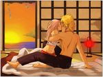  bed couple futon haruno_sakura kiss lamp n naruto shirtless sunset uzumaki_naruto 