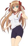  1girl absurdres bike_shorts blush bow breasts brown_hair female green_eyes hair_bow highres impossible_clothes impossible_shirt legs long_hair mayoi_neko_overrun! open_mouth serizawa_fumino shirt simple_background solo thighs white_background 