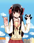  1girl black_hair building buildings chalk cloud clouds eyes_closed female minamoto_chikaru outdoors panda pig puppet red_eyes school_uniform sky smile solo strawberry_panic strawberry_panic! 