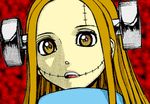  blonde_hair franken_fran frankenfran_(manga) glasgow_smile lowres madaraki_fran open_mouth scar simple_background stitches yellow_eyes 