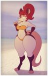  2018 anthro beach big_breasts big_butt bikini breasts butt clothed clothing didelphid eyeshadow female food fur gloves_(marking) hair hi_res holding_object lipstick looking_at_viewer makeup mammal markings marsupial multicolored_fur navel outside pink_nose popsicle red_hair seaside socks_(marking) solo standing stunnerpony swimsuit tania_(stunnerpone) thick_thighs toes two_tone_fur wide_hips 