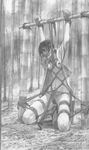  bad_end bamboo bdsm bondage bound breasts crying female guro highres hiroaki_samura monochrome navel nipples open_clothes open_legs open_shirt peril pubic_hair rope shibari shirt solo spread_legs tears torture traditional_media 