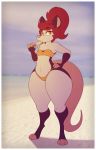  2018 anthro beach big_butt bikini breasts butt clothed clothing didelphid eyeshadow female flat_chested food fur gloves_(marking) hair hi_res holding_object lipstick looking_at_viewer makeup mammal markings marsupial multicolored_fur navel outside pink_nose popsicle red_hair seaside small_breasts socks_(marking) solo standing stunnerpony swimsuit tania_(stunnerpone) thick_thighs toes two_tone_fur water wide_hips 
