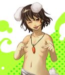  :p animal_ears brown_eyes brown_hair bunny_ears bunny_tail face gozaemon hands inaba_tewi jewelry necklace one_eye_closed short_hair solo tail tongue tongue_out topless touhou 