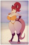  2018 anthro beach big_breasts big_butt bikini breasts butt clothed clothing didelphid eyelashes eyeshadow female food fur gloves_(marking) hair hi_res holding_object huge_breasts lipstick looking_at_viewer makeup mammal markings marsupial multicolored_fur navel outside pink_nose popsicle red_hair seaside socks_(marking) solo standing stunnerpony swimsuit tania_(stunnerpone) thick_thighs toes two_tone_fur water wide_hips 
