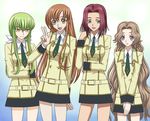  4girls bangs blue_eyes brown_hair c.c. cc code_geass female green_eyes green_hair kallen_stadtfeld long_hair miniskirt multiple_girls necktie nunnally_lamperouge open_mouth orange_hair orihu278 purple_eyes red_hair school_uniform shirley_fenette skirt uniform v yellow_eyes 