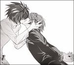  2boys bdsm bondage bound cuffs death_note grab grabbing handcuffs l l_(death_note) lowres male_focus monochrome multiple_boys shueisha simple_background white_background yagami_light yaoi 