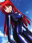  ahegao blush bodysuit breasts brown_eyes cloud clouds female highres latex latex_suit long_hair nature open_mouth outdoors red_hair saliva shiny shiny_clothes skin_tight sky solo tongue 