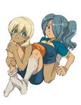  bek0 blonde_hair green_eyes hair_over_one_eye inazuma_eleven inazuma_eleven_(series) kazemaru_ichirouta long_hair miyasaka_ryou multiple_boys ponytail tan 