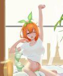  1girl absurdres arm_up bangs bed bed_sheet blue_eyes blush bow bra bra_removed breasts commentary_request erect_nipples eyebrows_visible_through_hair go-toubun_no_hanayome green_bra green_panties hair_between_eyes hair_ribbon highres large_breasts nakano_yotsuba navel one_eye_closed open_mouth orange_hair panties ribbon saliva saliva_trail see-through shirt short_hair short_sleeves sitting solo stomach stretch ta03545 underwear waking_up wariza white_shirt window 