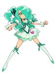  1boy bjorn_kyle crossdress crossdressing curly_hair frills full_body green_eyes green_hair hair_over_one_eye inazuma_eleven inazuma_eleven_(series) kneehighs magical_boy male_focus parody precure pretty_cure ribbon ribbons simple_background solo trap 