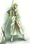  .hack//games 1girl armor bandai blonde_hair brown_eyes cyber_connect_2 female full_body gardenia gradient gradient_background long_hair polearm solo spear weapon yosa 