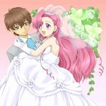  1boy 1girl brown_hair carrying code_geass couple dress euphemia_li_britannia female formal gloves green_eyes hair_bun kururugi_suzaku long_hair male navy_(artist) necktie open_mouth pink_hair purple_eyes short_hair suit wedding 