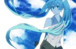  1girl arms_at_sides bare_shoulders black_skirt blue_eyes blue_hair blue_sky cloud cloudy_sky crying crying_with_eyes_open day eiku expressionless eyebrows_visible_through_hair flat_chest floating_hair grey_shirt hair_between_eyes hatsune_miku long_hair looking_away outdoors parted_lips shirt simple_background skirt sky sleeveless sleeveless_shirt solo tears twintails very_long_hair vocaloid white_background 
