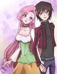  1boy 1girl black_hair blush body_blush breasts brother_and_sister choker cleavage code_geass dress euphemia_li_britannia female hand_holding highres holding_hands jacket lelouch_lamperouge long_hair male pants pink_hair purple_eyes shirt short_hair siblings tobetobe 