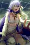  1girl bandage bandage_over_one_eye bandaged_arm bandaged_hands bandaged_head bandaged_leg bandages bound breasts cis05 collarbone commentary_request eyebrows_visible_through_hair fate/extra fate/extra_ccc fate/extra_ccc_fox_tail fate/grand_order fate_(series) hair_between_eyes hair_ribbon kingprotea long_hair looking_down medium_breasts naked_bandage one_eye_covered open_hand open_mouth purple_eyes purple_hair ribbon ribbon_bondage sarashi solo very_long_hair 