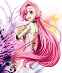  code_geass dress earrings euphemia_li_britannia female gradient gradient_background hair_bun jewelry long_hair open_mouth pink_hair purple_eyes solo tobeko_(tobetobe) tobetobe white_background 