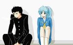  black_hair blue_hair botan_(yu_yu_hakusho) botan_(yuu_yuu_hakusho) cigarette footwear green_eyes kappougi long_hair pink_eyes ponytail school_uniform sitting socks uniform urameshi_yusuke yu_yu_hakusho yuu_yuu_hakusho 