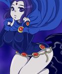  bindi breasts cape cartoon_network dc_comics female gradient gradient_background grey_skin leotard purple_eyes purple_hair raven_(dc) short_hair siroringo sitting solo teen_titans 