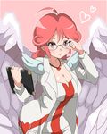  adjusting_eyewear angel bad_id bad_pixiv_id breasts cleavage counselor_lily duel_monster glasses large_breasts nurse pink_hair solo wings yuu-gi-ou yuuga_(cherrybomb-g) 