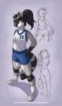  2015 anthro black_hair black_nose brown_eyes clothed clothing conditional_dnp female footwear fur grey_fur guide_lines hair jay_naylor knee_pads legwear mammal ponytail procyonid raccoon shoes shorts sketch socks solo standing url 