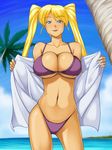  1girl beach bikini blonde_hair blue_eyes blush breasts cleavage kawanuma_uotsuri large_breasts long_hair original smile solo swimsuit twintails 