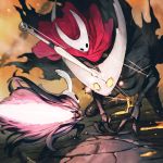  1girl 2boys battle bound claws cloak cracked_mask glowing glowing_eyes glowing_weapon grey_cloak highres hollow_knight hollow_knight_(character) hornet_(hollow_knight) horns jun_(seojh1029) knight_(hollow_knight) light_particles looking_at_another mask multiple_boys nail red_cloak rock string sword weapon 